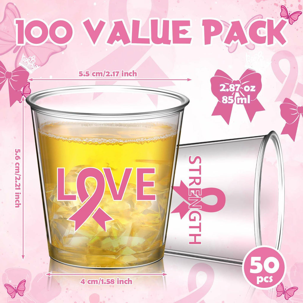 Nuogo Breast Cancer Pink Plastic Shot Glasses 2.87oz 100 Pcs Clear Pink