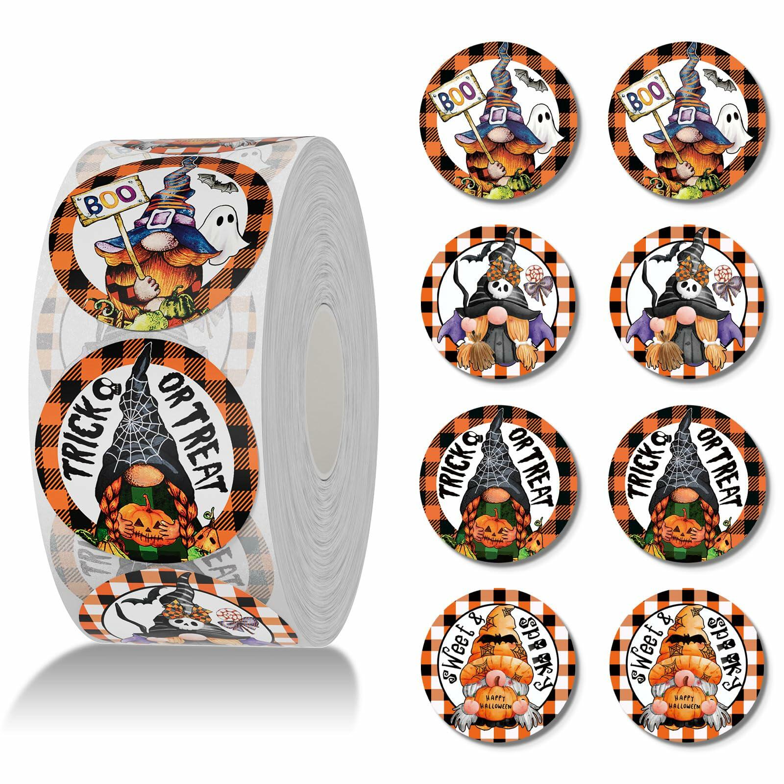 ZAEW Halloween Sticker Roll 500pcs 1.5" Round Colored Gnomes Decals