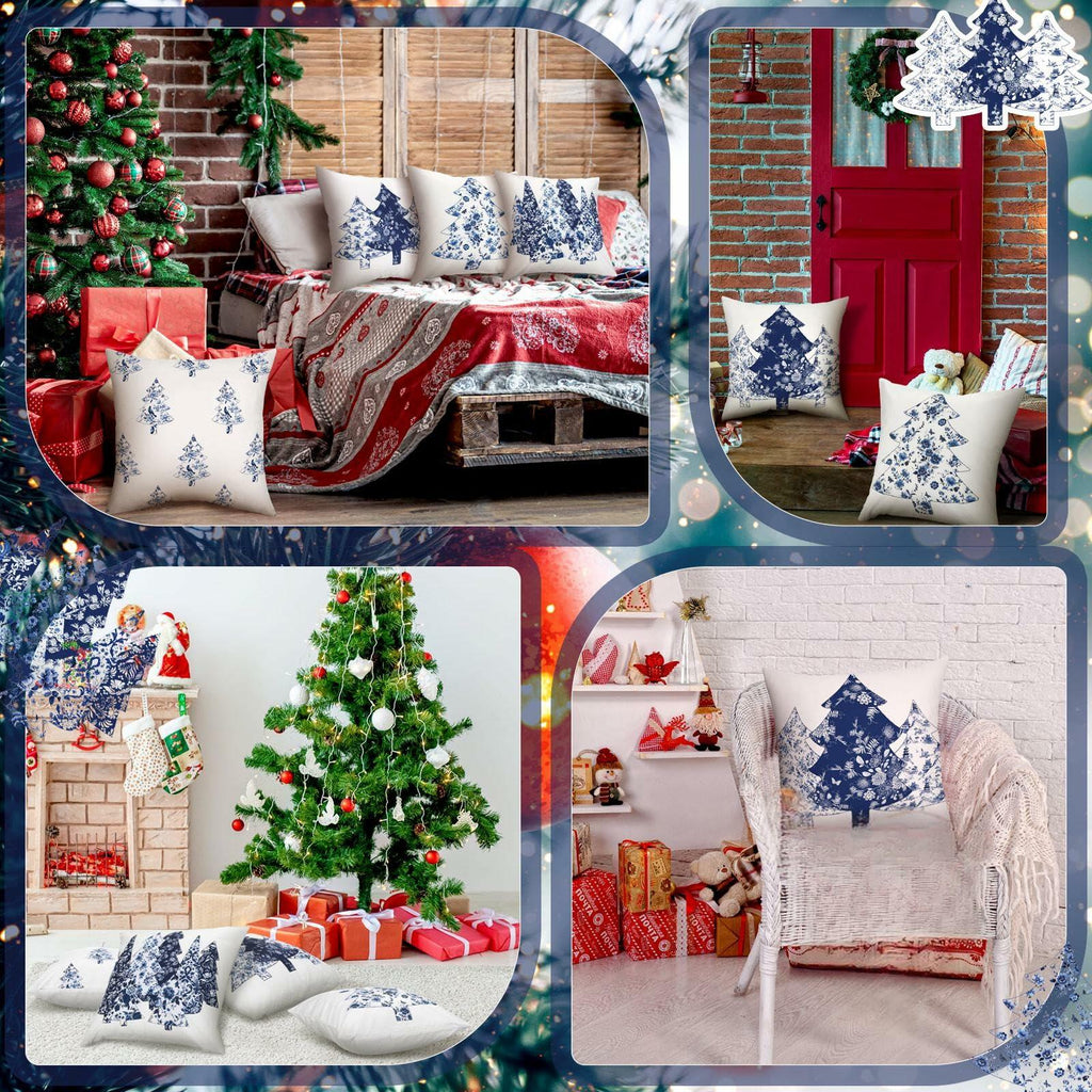 Mixweer Chinoiserie Christmas Tree Throw Pillow Covers 18x18 Blue 4 Pc