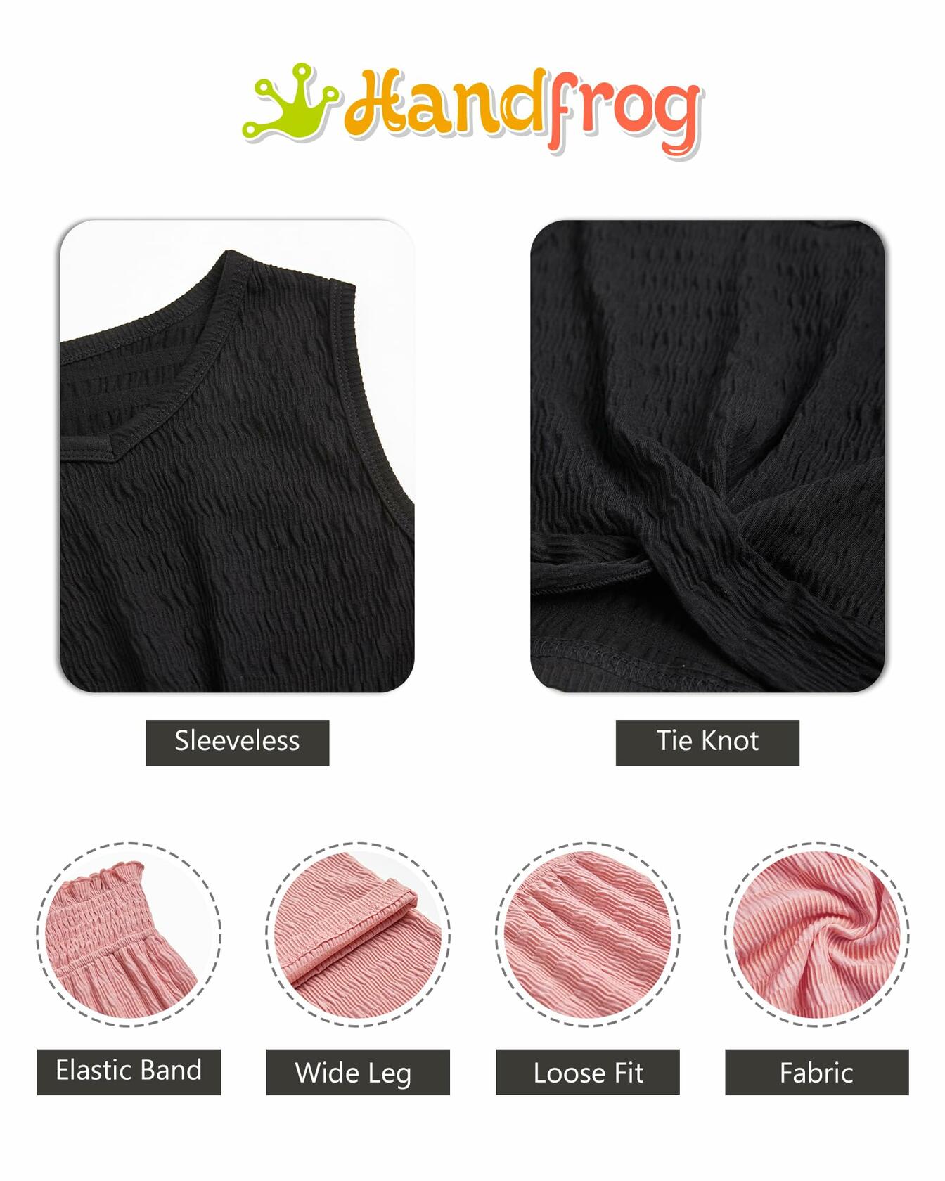 Handfrog Girls 2PC Tie Knot Crop Top & Wide Leg Pants Set Black/Pink Size 7-8Y