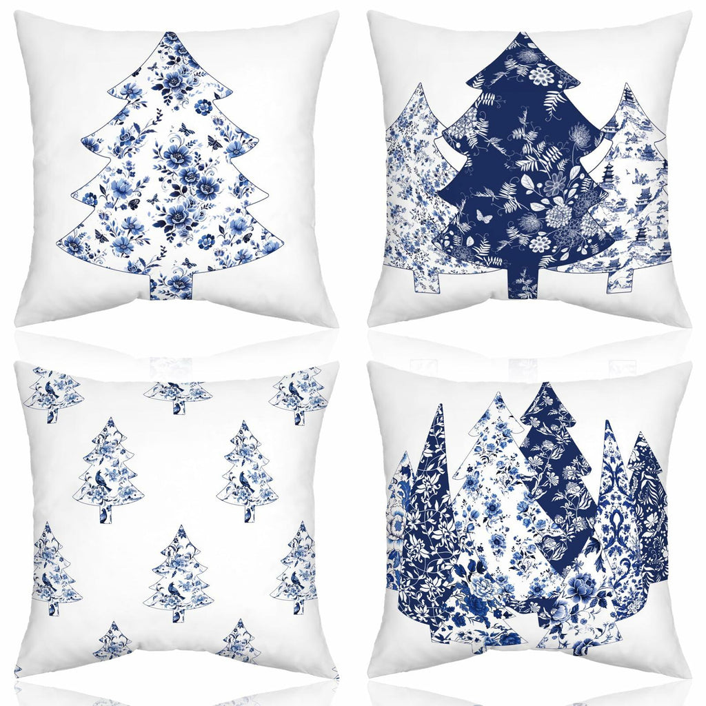 Mixweer Chinoiserie Christmas Tree Throw Pillow Covers 18x18 Blue 4 Pc