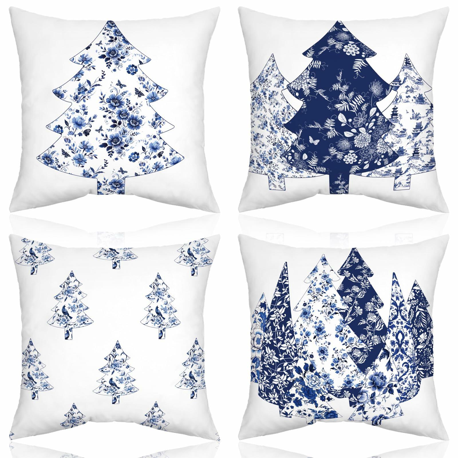 Mixweer Chinoiserie Christmas Tree Throw Pillow Covers 18x18 Blue 4 Pc