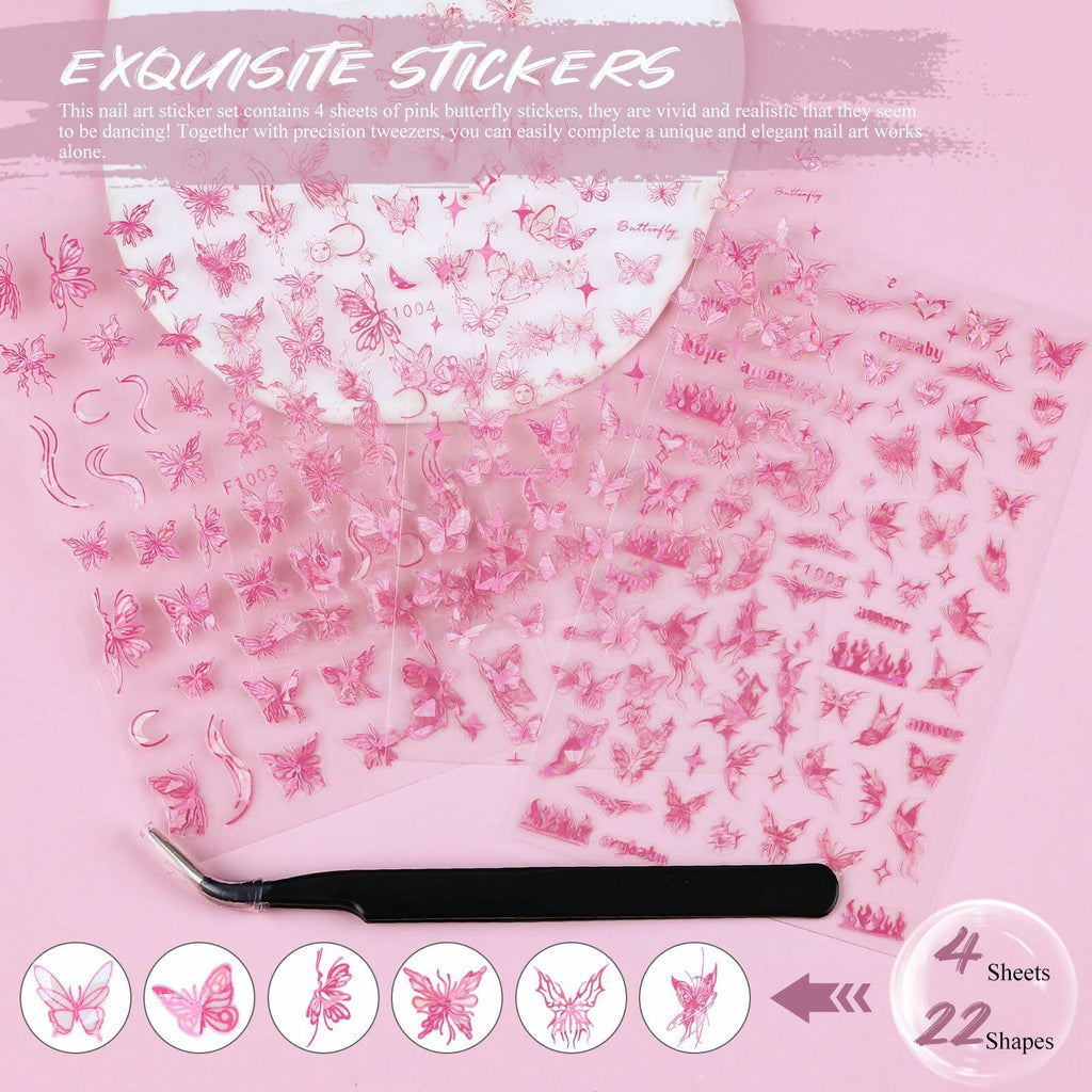 kikonoke 3D Butterfly Nail Stickers Laser Pink Sun Moon Star 4 Sheets