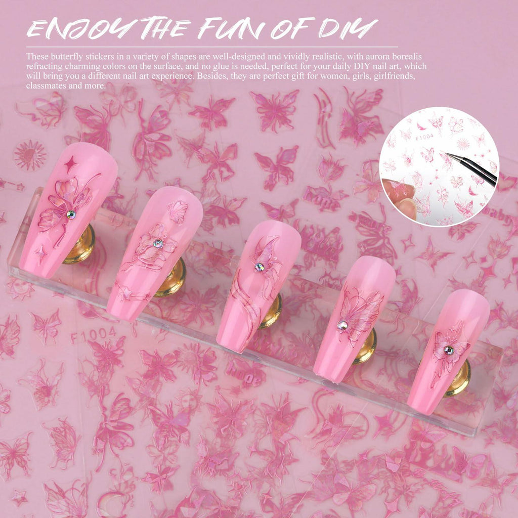 kikonoke 3D Butterfly Nail Stickers Laser Pink Sun Moon Star 4 Sheets