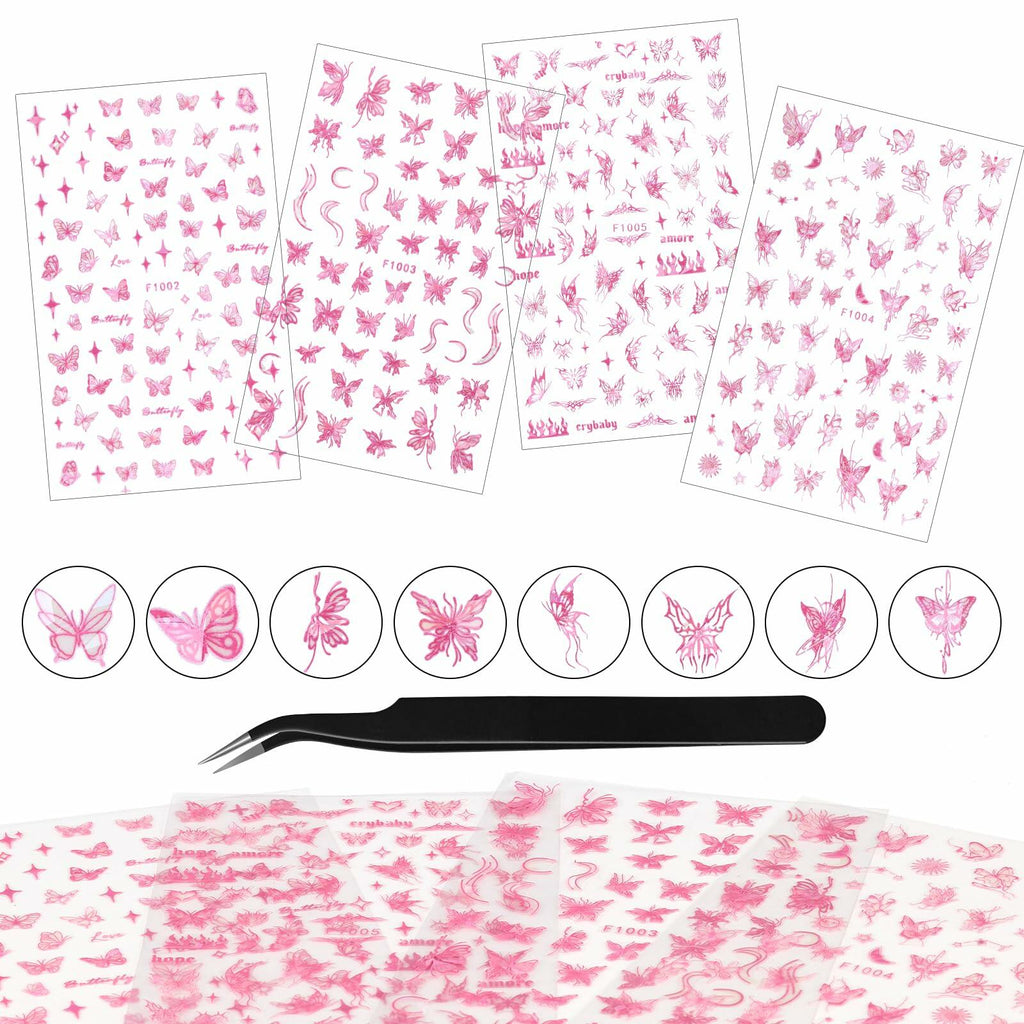kikonoke 3D Butterfly Nail Stickers Laser Pink Sun Moon Star 4 Sheets