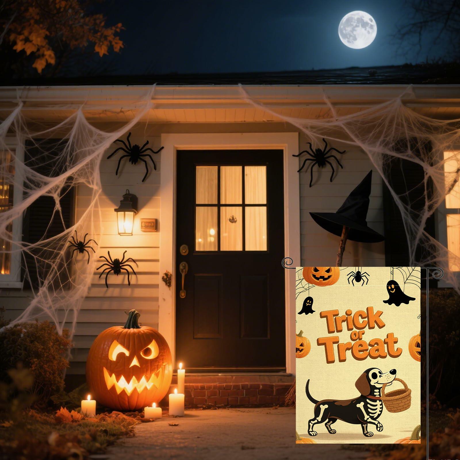 Halloween Trick or Treat Garden Flag 12x18 Double Sided Ghost Dog