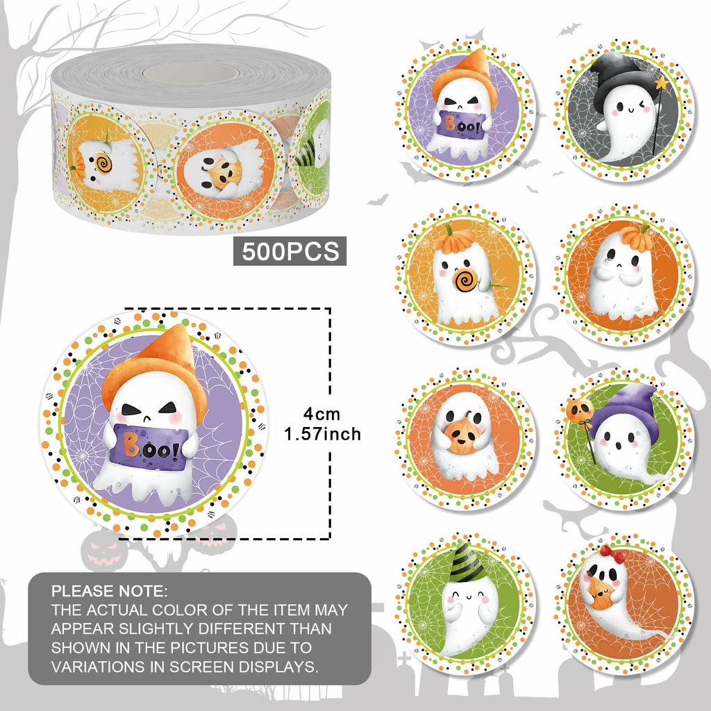 ZAEW Halloween Sticker Roll 500pcs 1.5" Colored Ghosts Round Decals