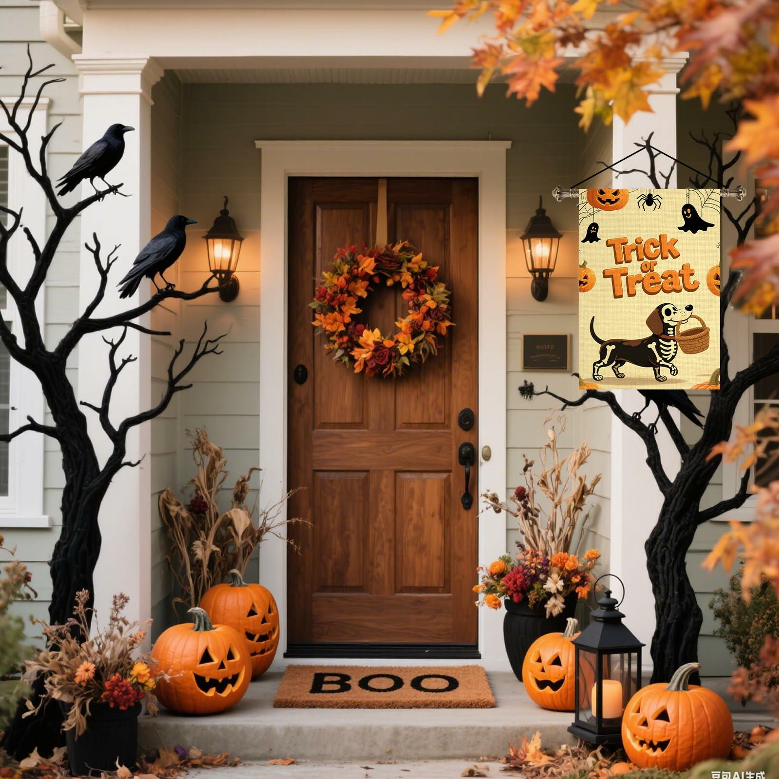 Halloween Trick or Treat Garden Flag 12x18 Double Sided Ghost Dog