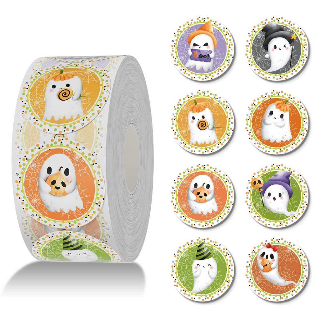 ZAEW Halloween Sticker Roll 500pcs 1.5" Colored Ghosts Round Decals