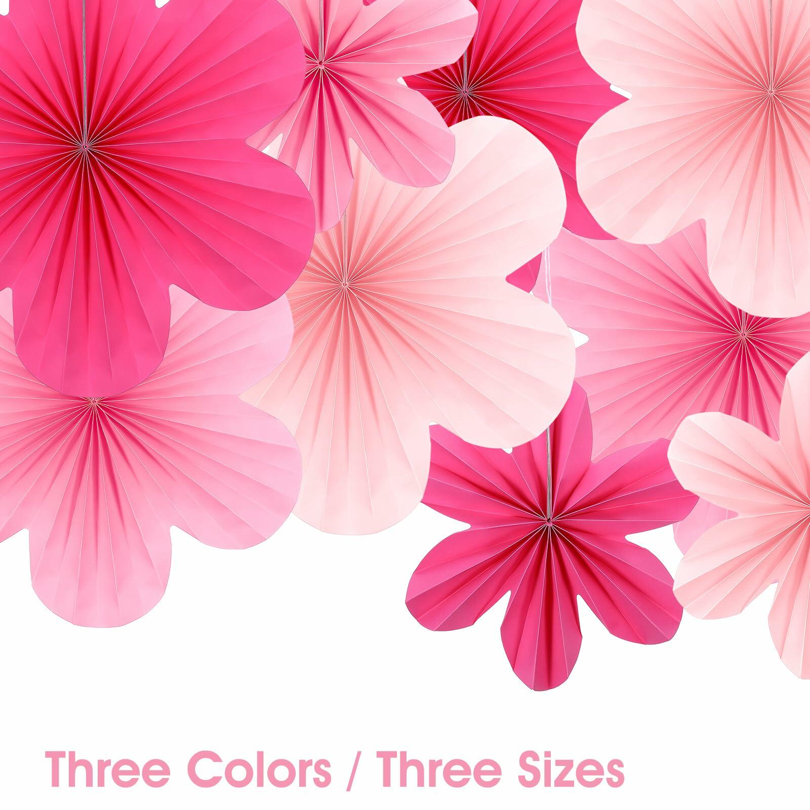 Telooco 9Pcs Pink Paper Fans & Flowers Party Decorations Hanging Set