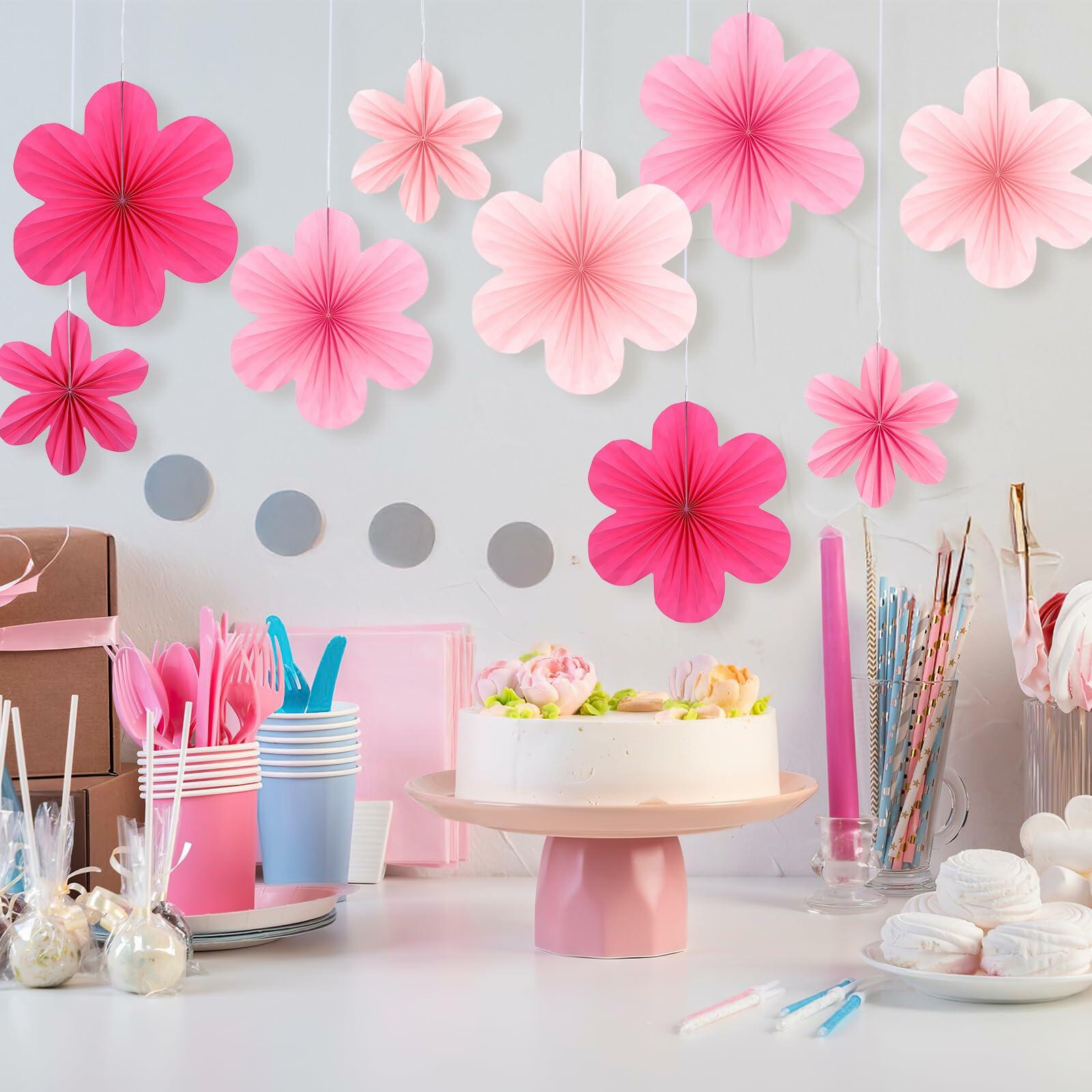 Telooco 9Pcs Pink Paper Fans & Flowers Party Decorations Hanging Set