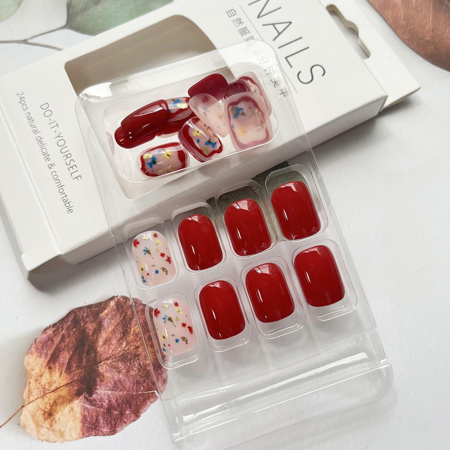 LYLYNB 24pcs Wine Red Floral Square False Nails Glossy Full Cover Set