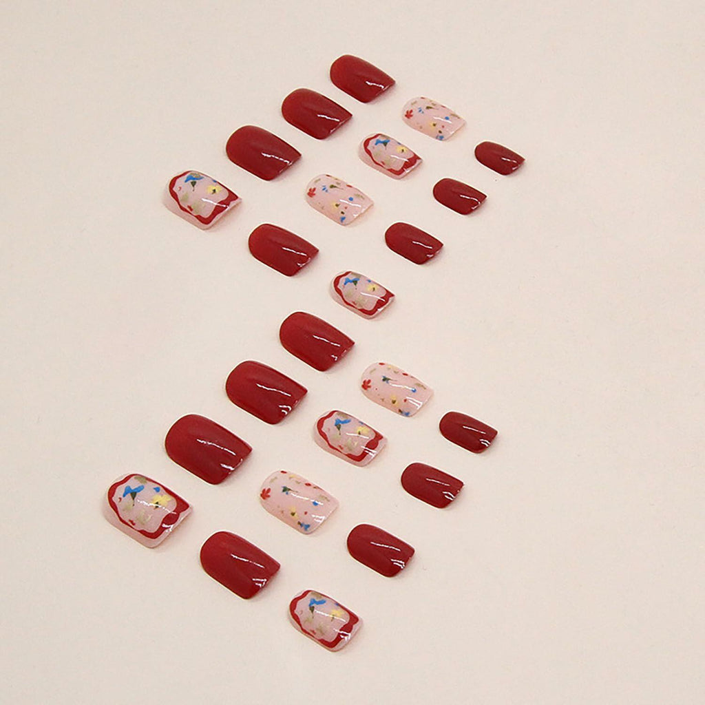 LYLYNB 24pcs Wine Red Floral Square False Nails Glossy Full Cover Set