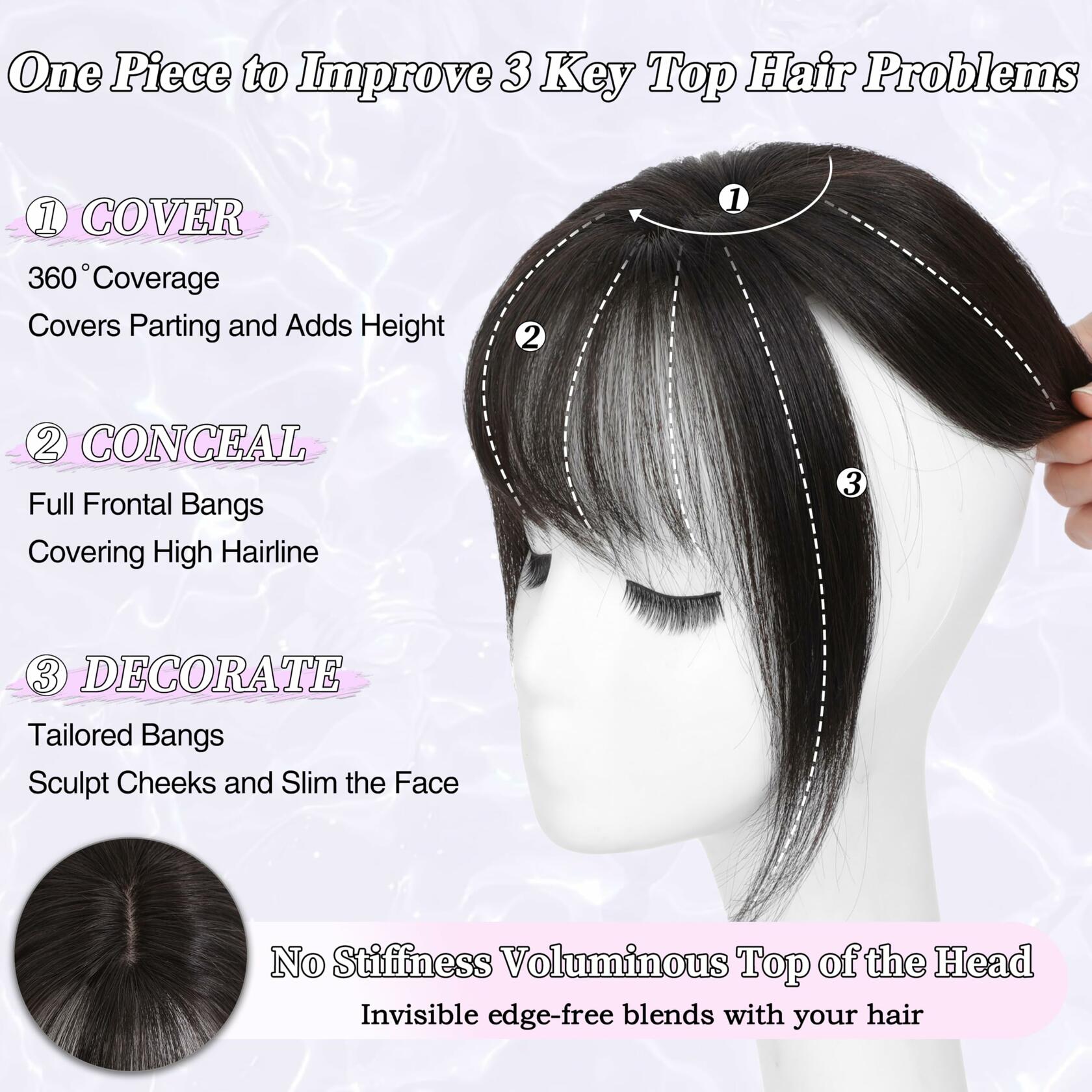 BUPPLER 360° 3D Hair Topper with Bangs for Thinning Hair 5x10 Brown Black
