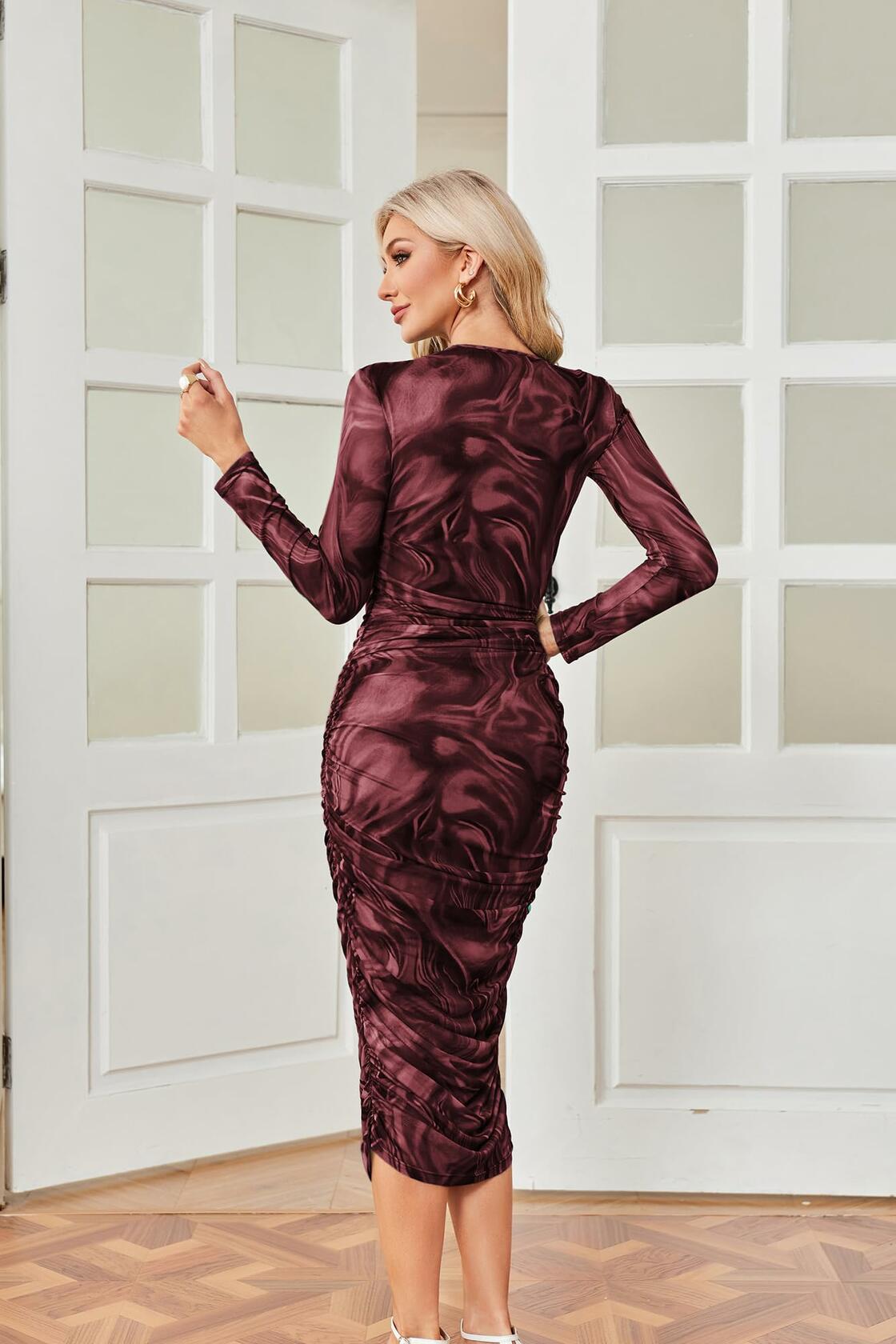 Dye Fall Women Formal Long Sleeve Bodycon Dress Crew Neck Wine M