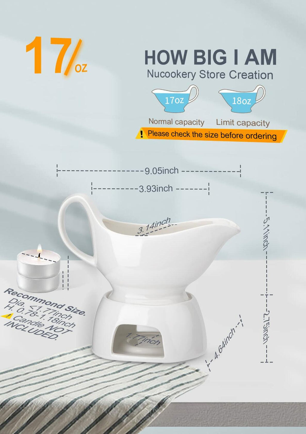Nucookery Large 17 Oz Porcelain Gravy Boat with Warmer White