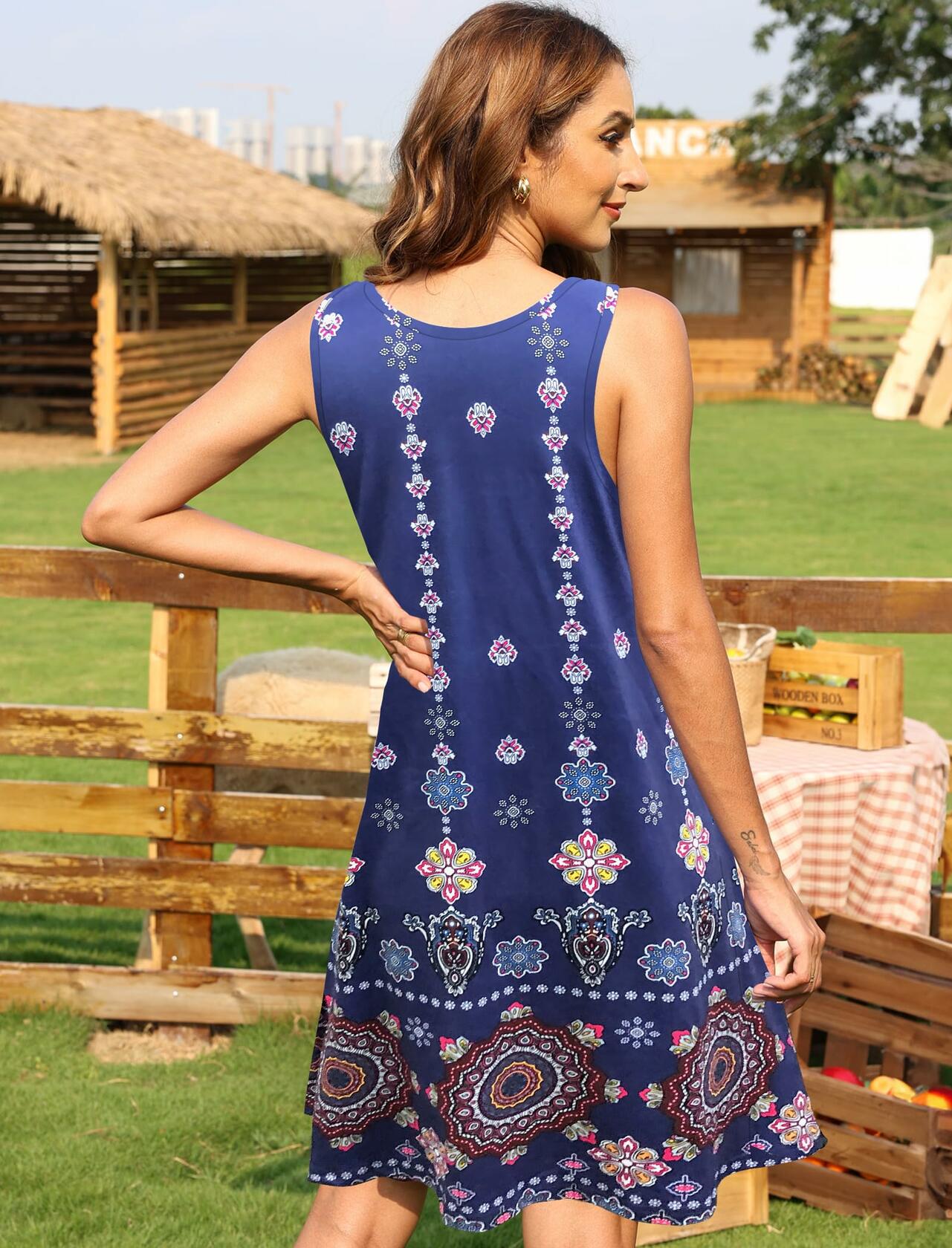 AUSELILY Women Sleeveless Floral Mini Dress Boho Pockets Red XL
