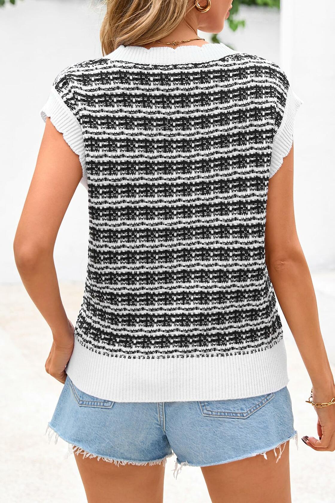 CFLONGE Women Sleeveless Striped Sweater Vest Cropped Knit Black White XXL