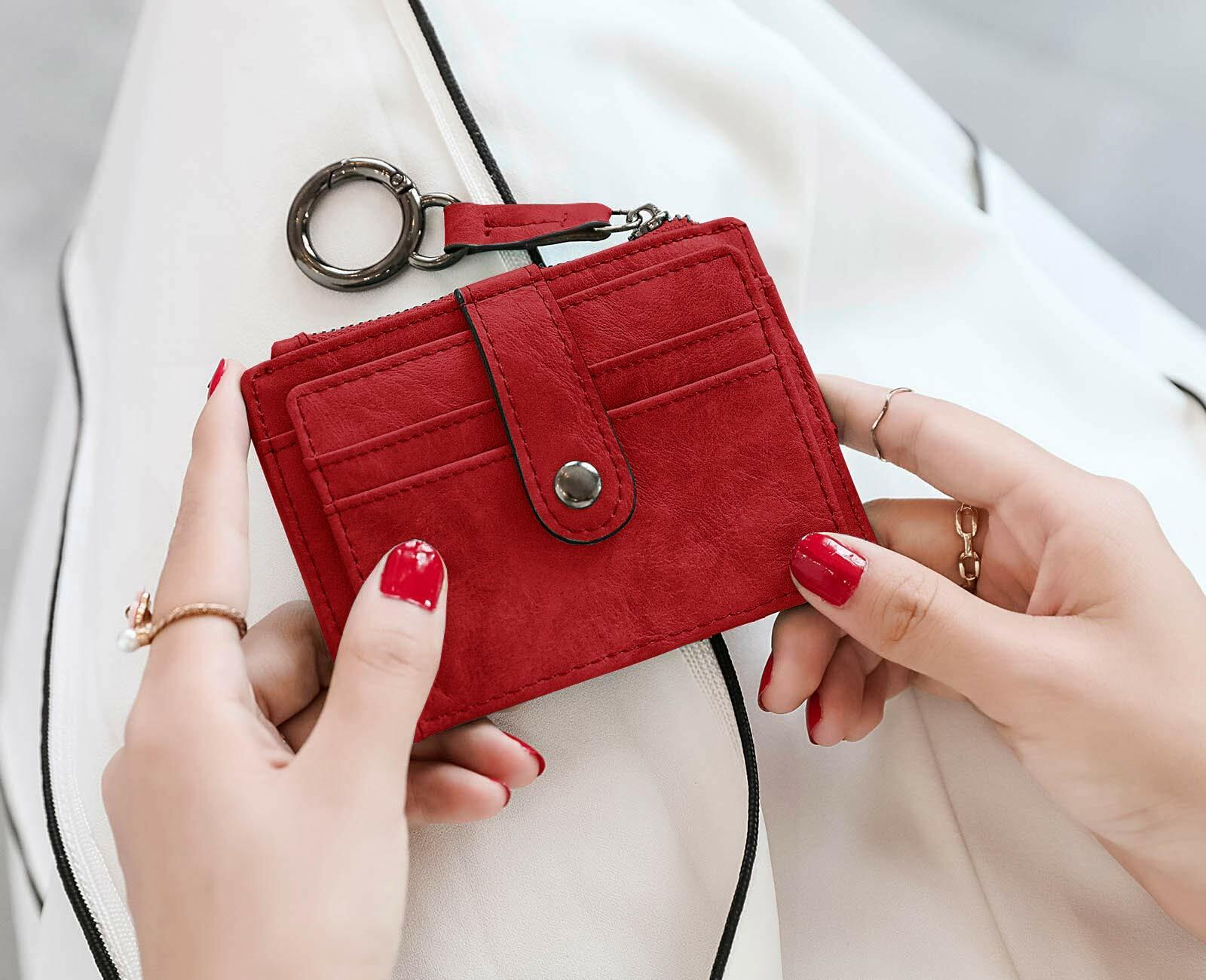 AOXONEL RFID Leather Keychain Wallet Credit Card Holder Coin Purse Red
