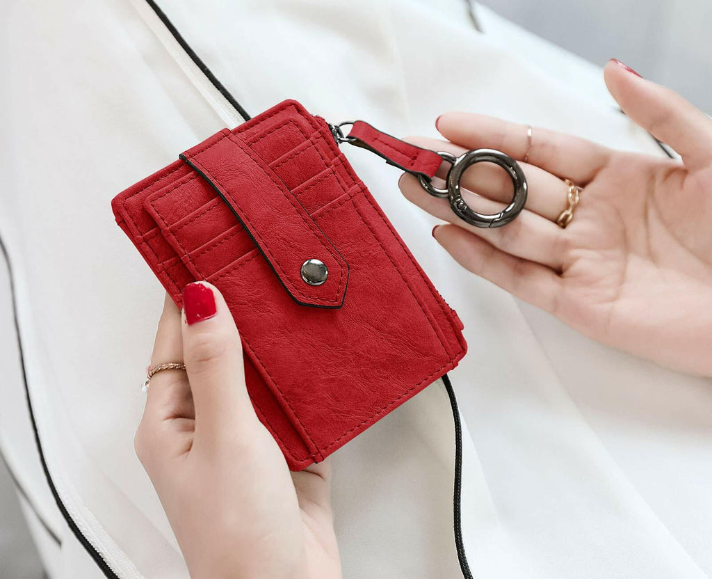 AOXONEL RFID Leather Keychain Wallet Credit Card Holder Coin Purse Red