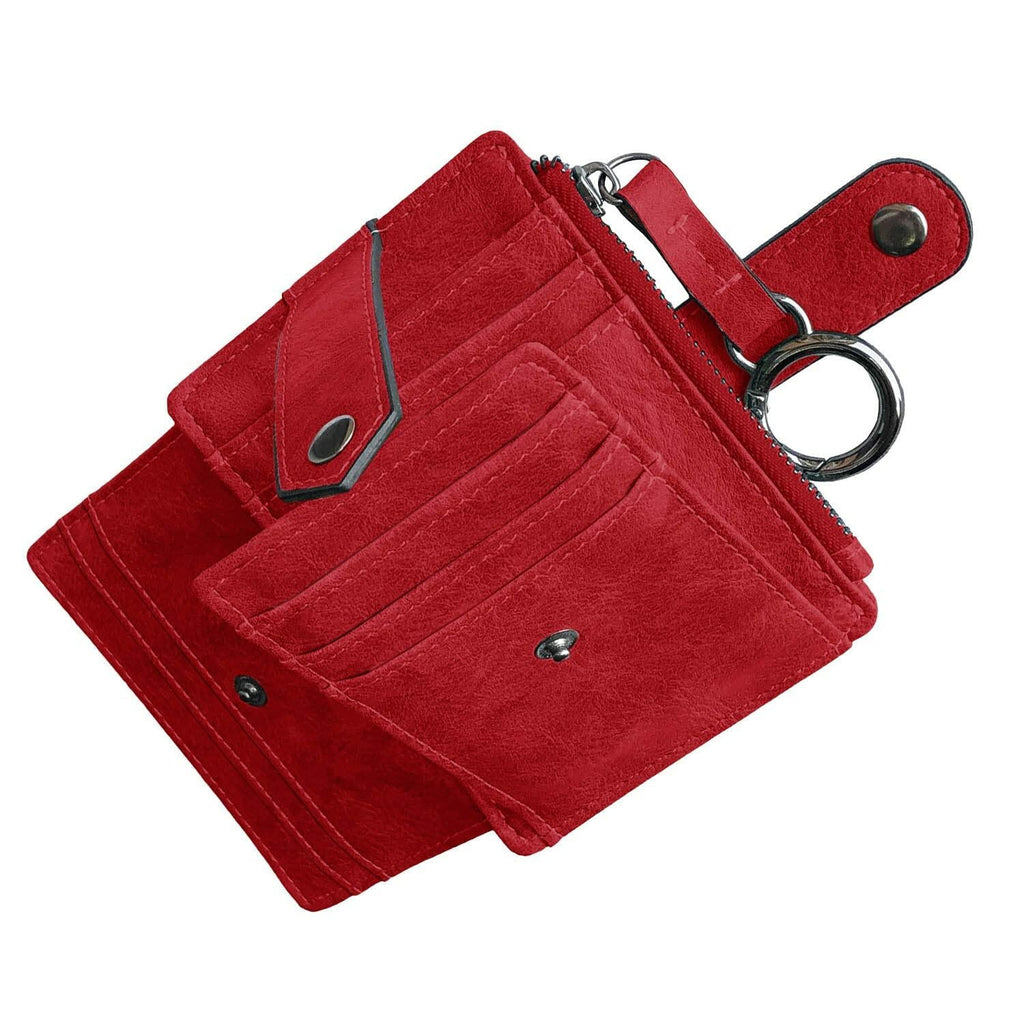 AOXONEL RFID Leather Keychain Wallet Credit Card Holder Coin Purse Red