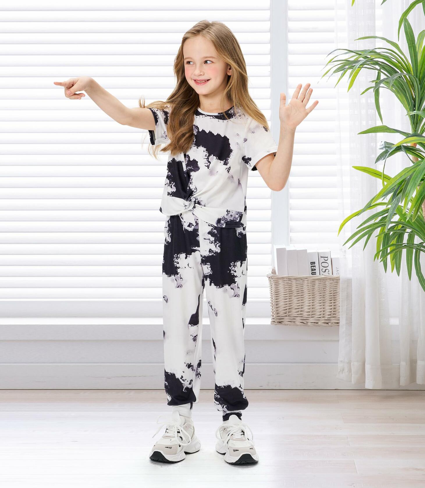 Hvididan Girls Tie Dye Twist Front Top & Sweatpants Set Black White Size 9-10Y