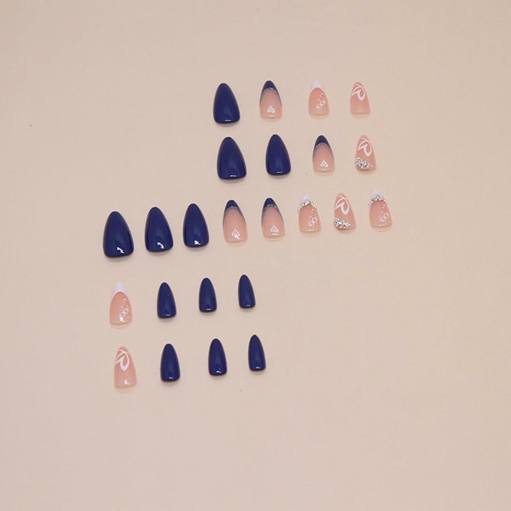 YEFIUO Press On Nails 24 Pcs Short Almond French Blue & White Rhinestones