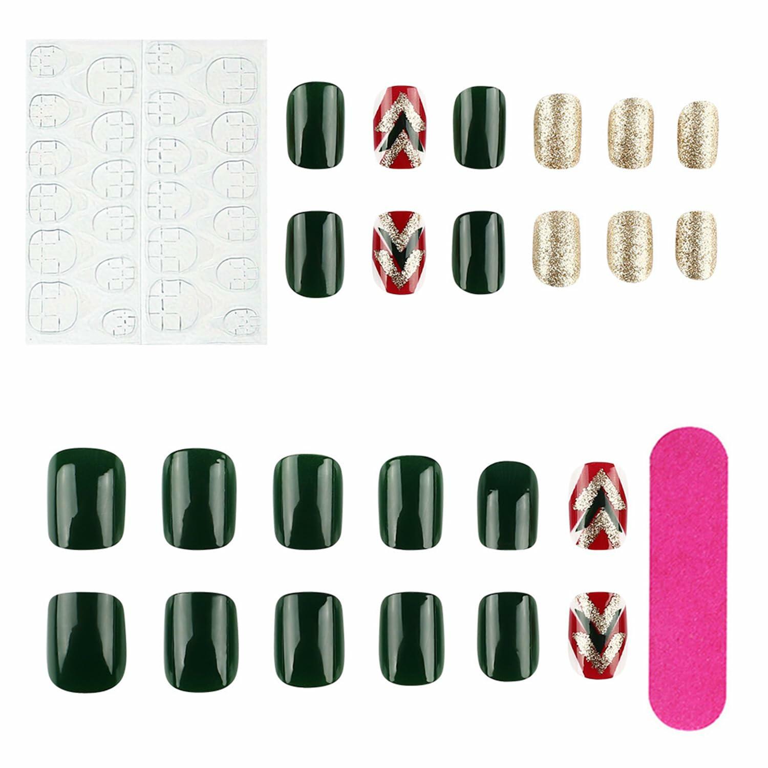 WLGDLH 24Pcs Dark Green Square Christmas Tree Glitter Press On Nails