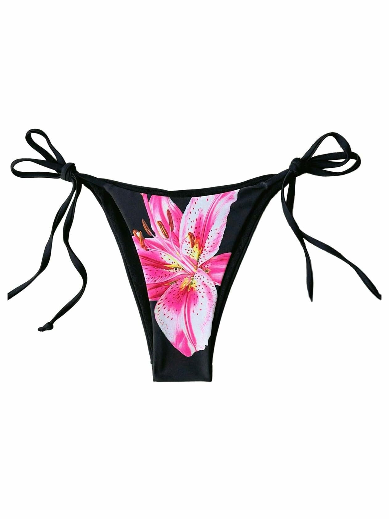 Verdusa Women's Boho Floral Thong Bikini Bottom Tie Side Black Size S