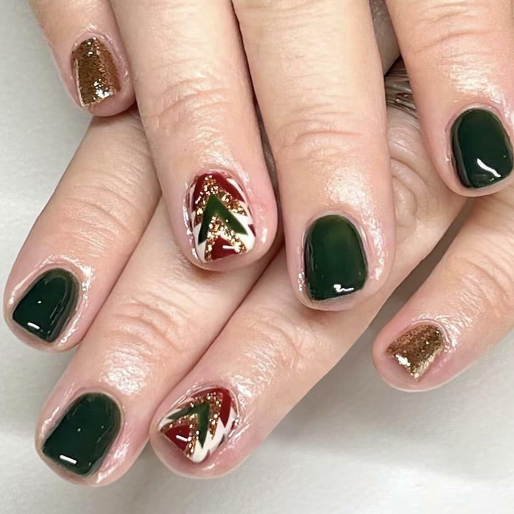 WLGDLH 24Pcs Dark Green Square Christmas Tree Glitter Press On Nails