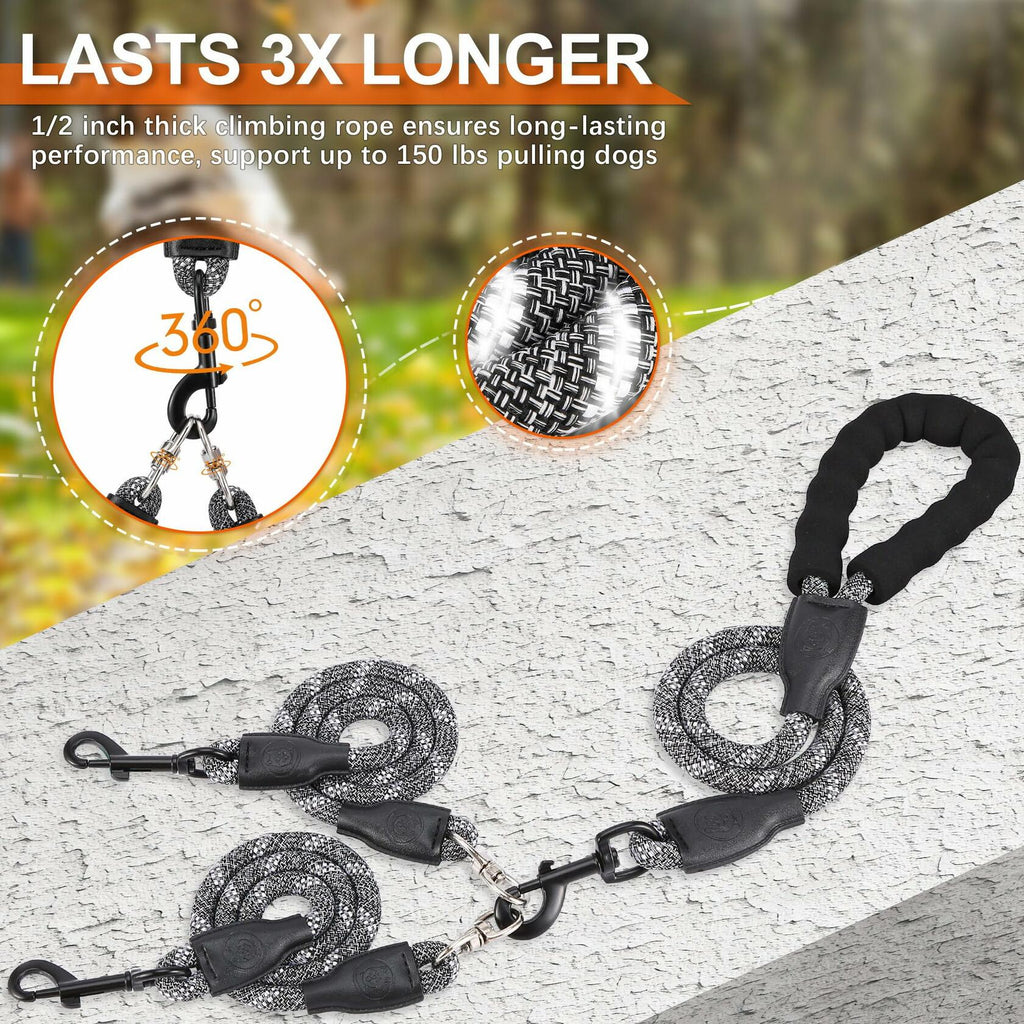 Mengbei Tribe Double Dog Leash Detachable 360° Swivel Reflective Grey Size L
