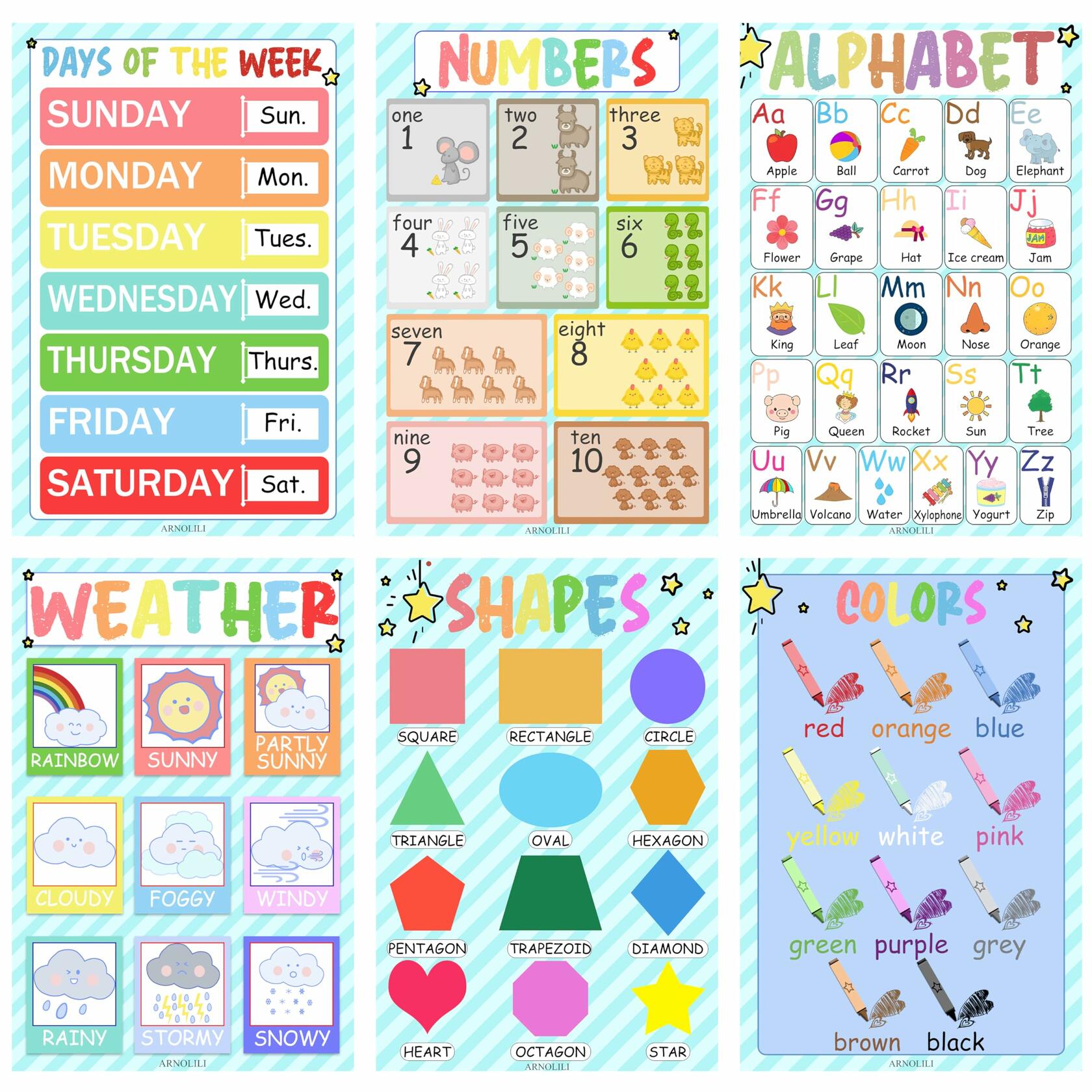 ARNOLILI Toddler Educational Canvas Posters 6 Pack ABC Numbers Shapes 12x18in