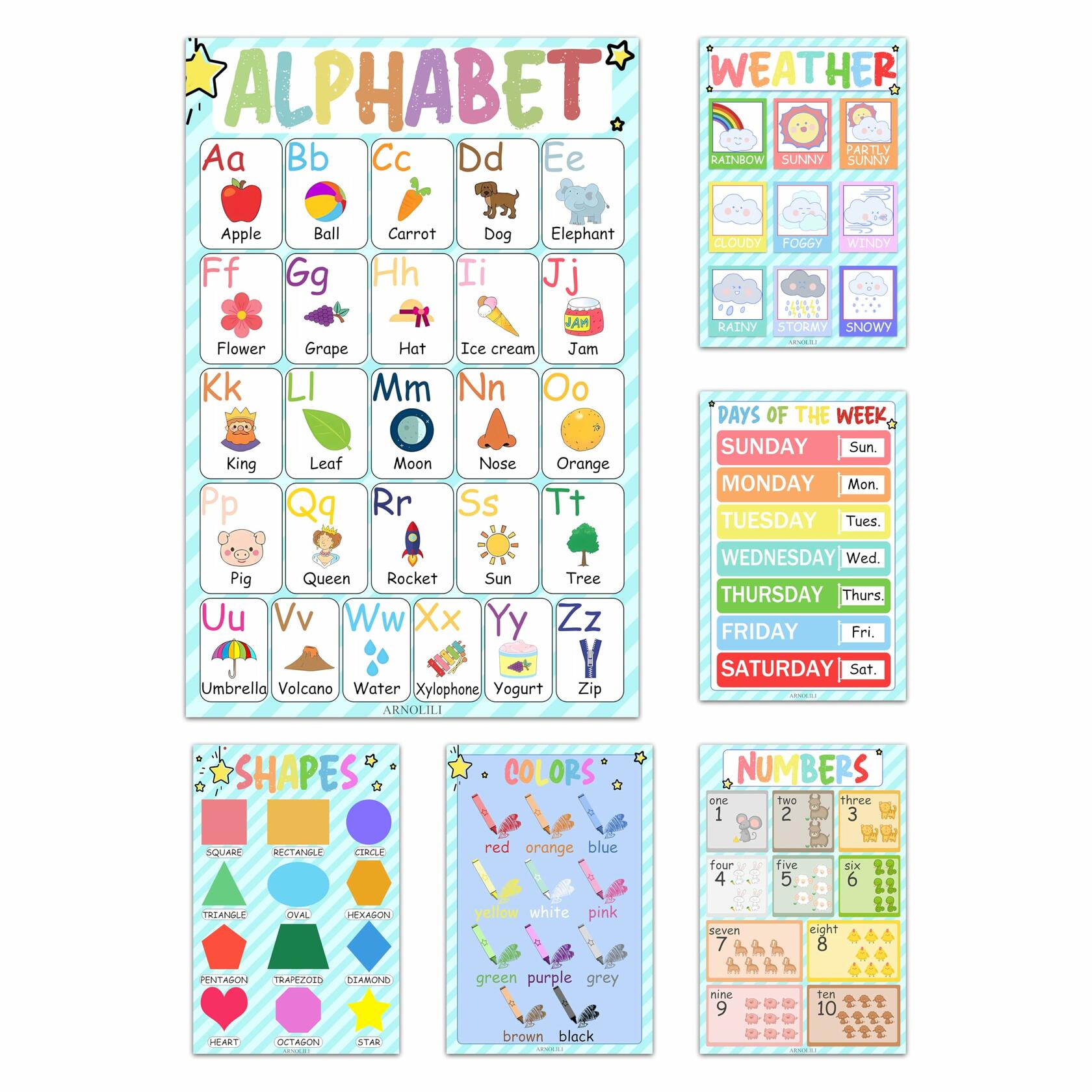 ARNOLILI Toddler Educational Canvas Posters 6 Pack ABC Numbers Shapes 12x18in