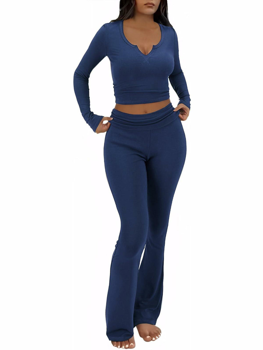 FAIRY SEASON Womens 2PC Lounge Set V Neck Top Flare Pants Blue Size XS