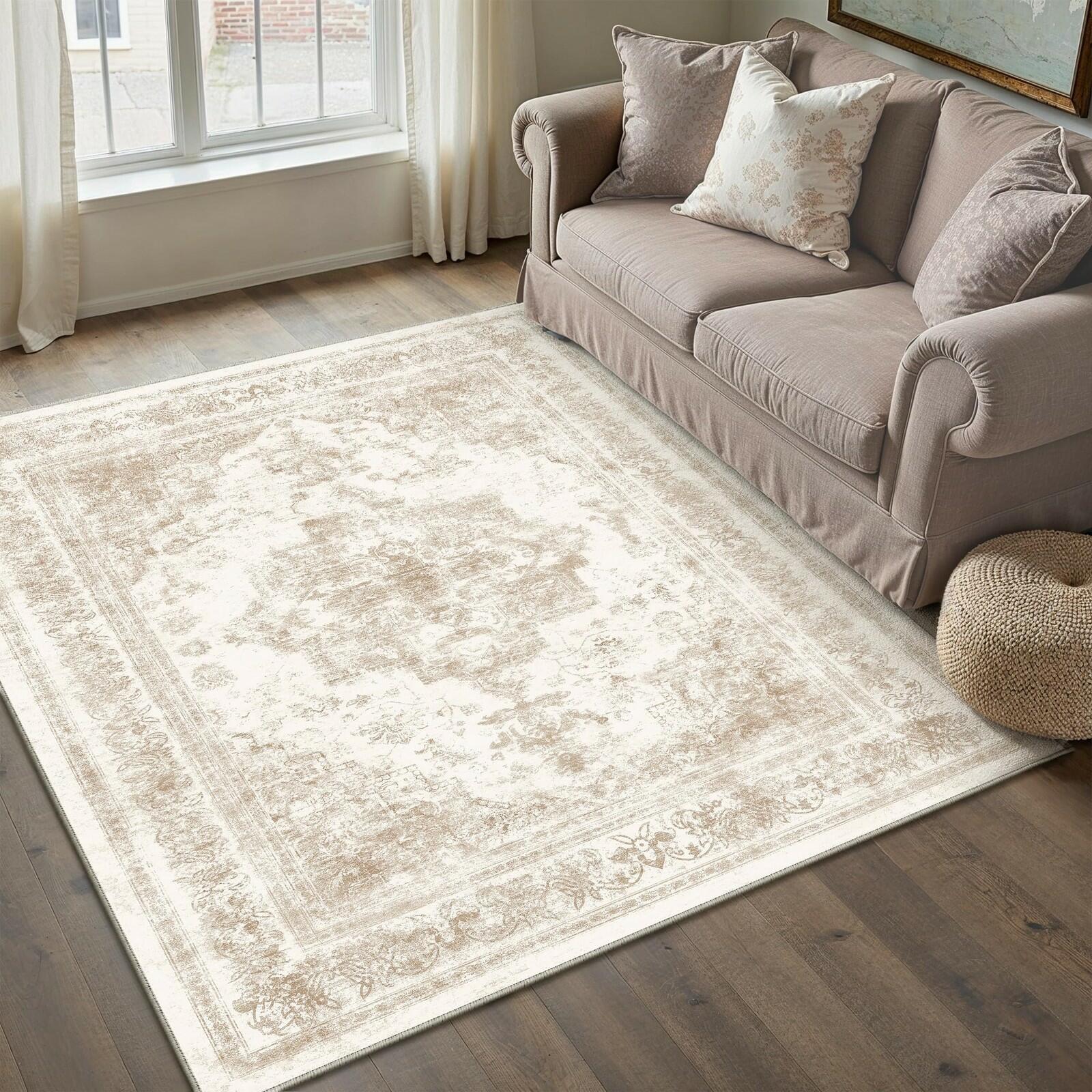 PureCozy 3x5 Taupe Vintage Floral Washable Low Pile Area Rug Classic