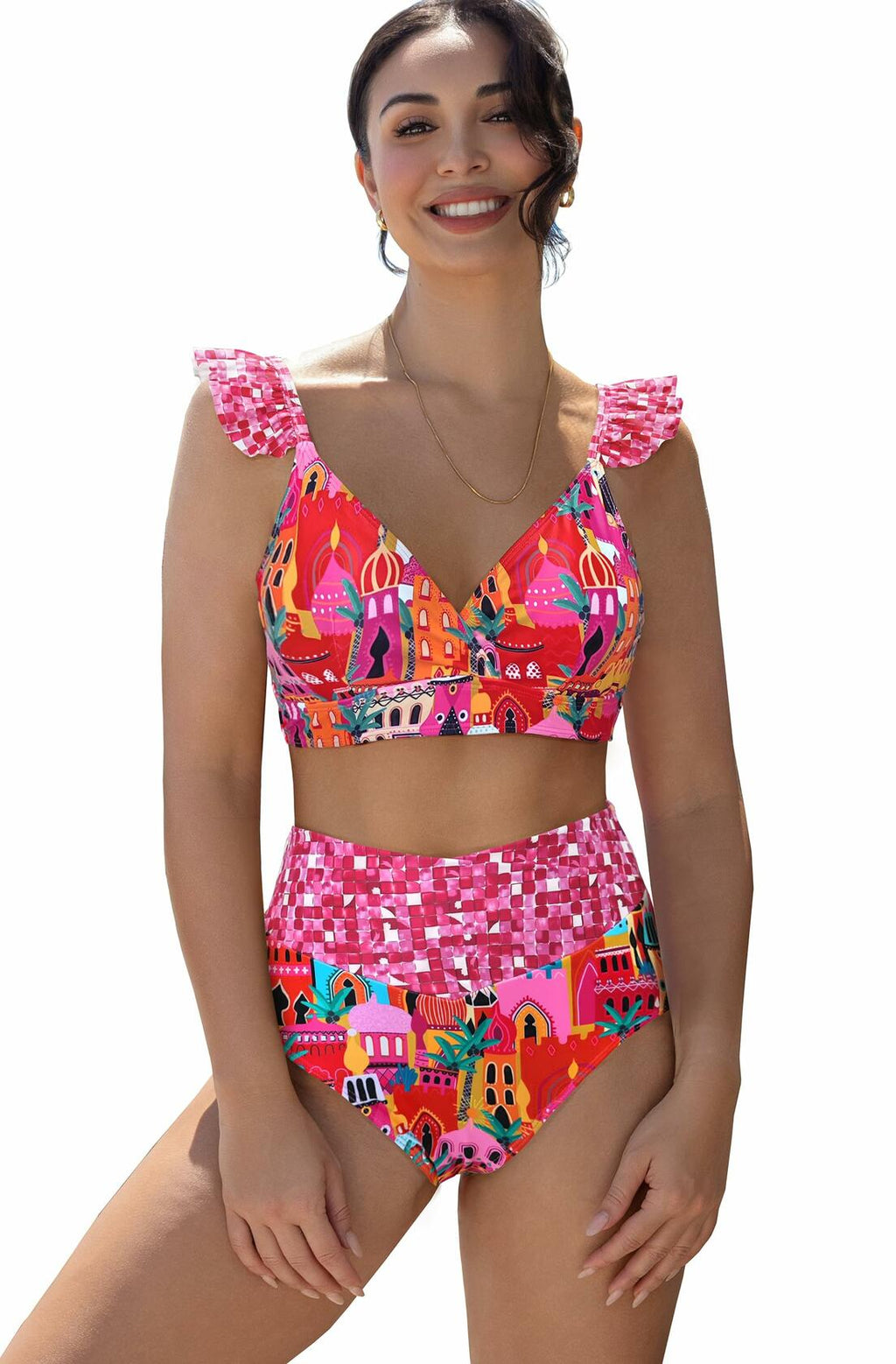 SPORLIKE Women High Waisted Triangle Bikini Cross Back Swimwear Castle Print M