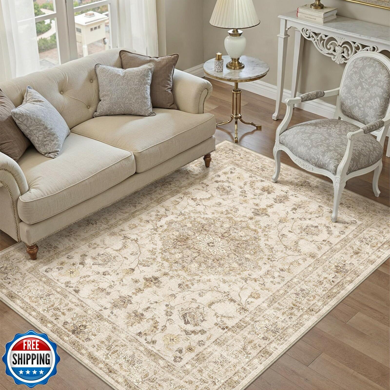 PureCozy 3x5 Taupe Vintage Floral Washable Low Pile Area Rug Classic
