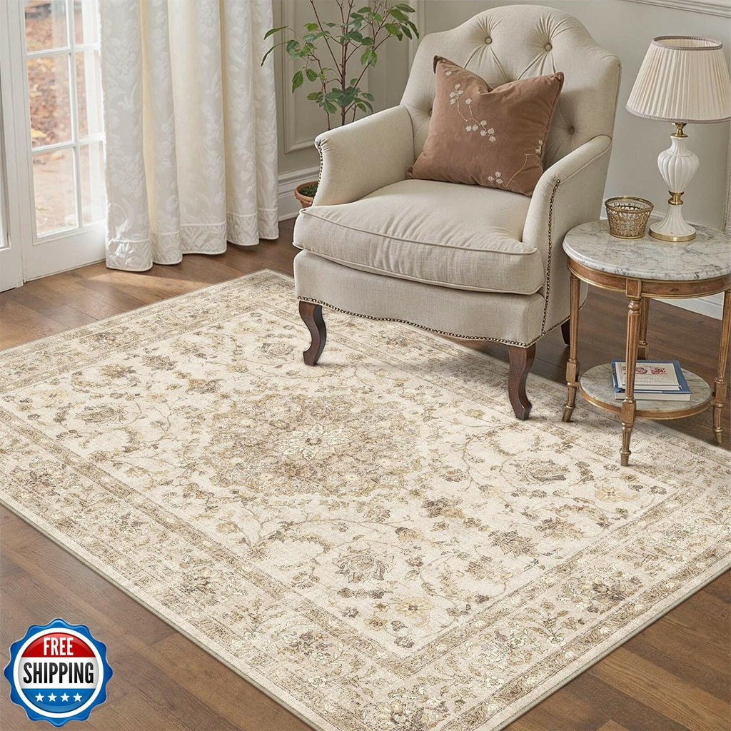 PureCozy 3x5 Taupe Vintage Floral Washable Low Pile Area Rug Classic