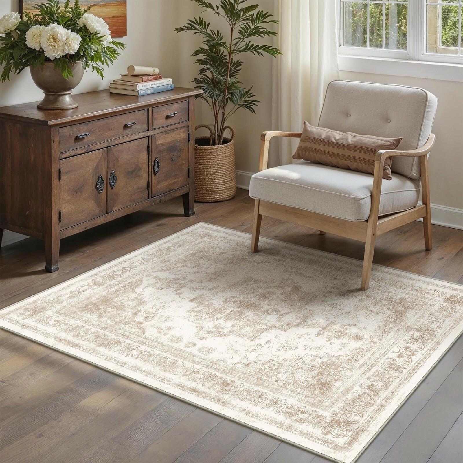 PureCozy 3x5 Taupe Vintage Floral Washable Low Pile Area Rug Classic