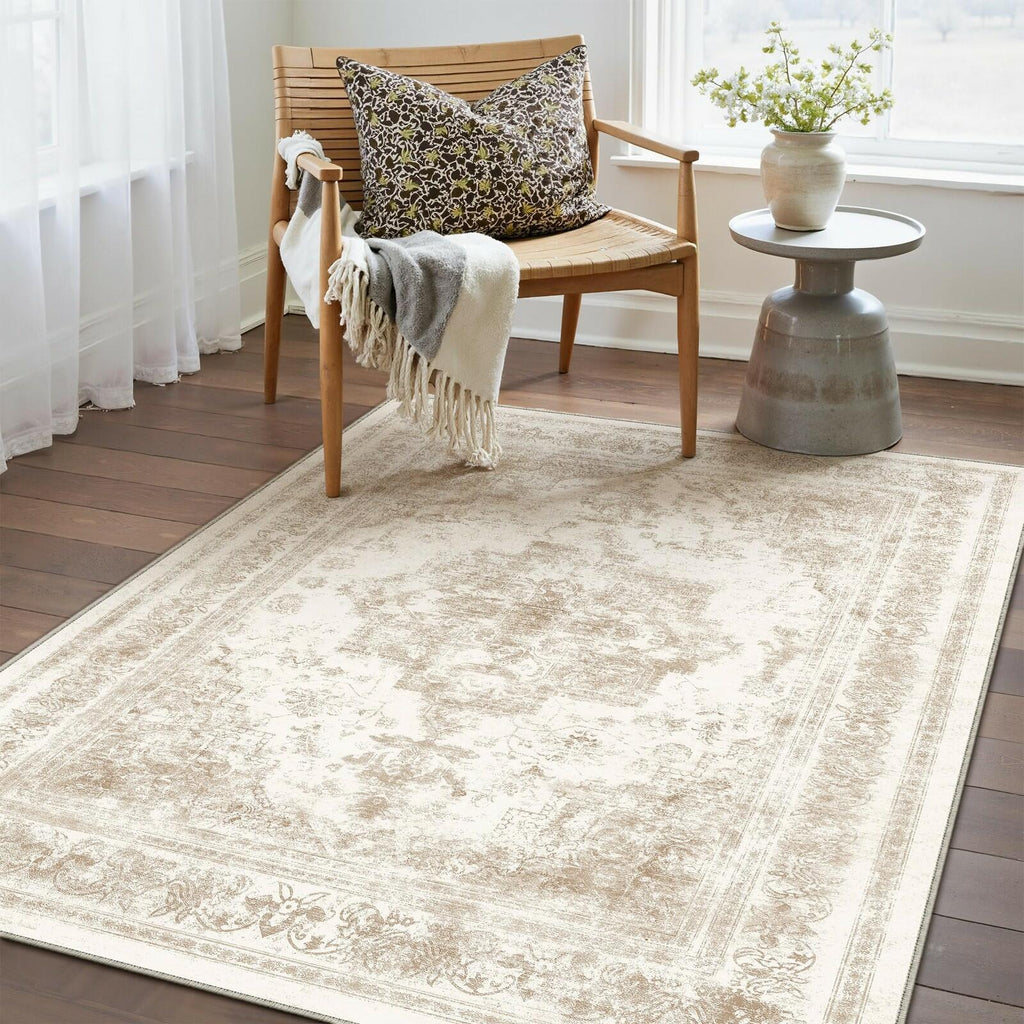 PureCozy 3x5 Taupe Vintage Floral Washable Low Pile Area Rug Classic