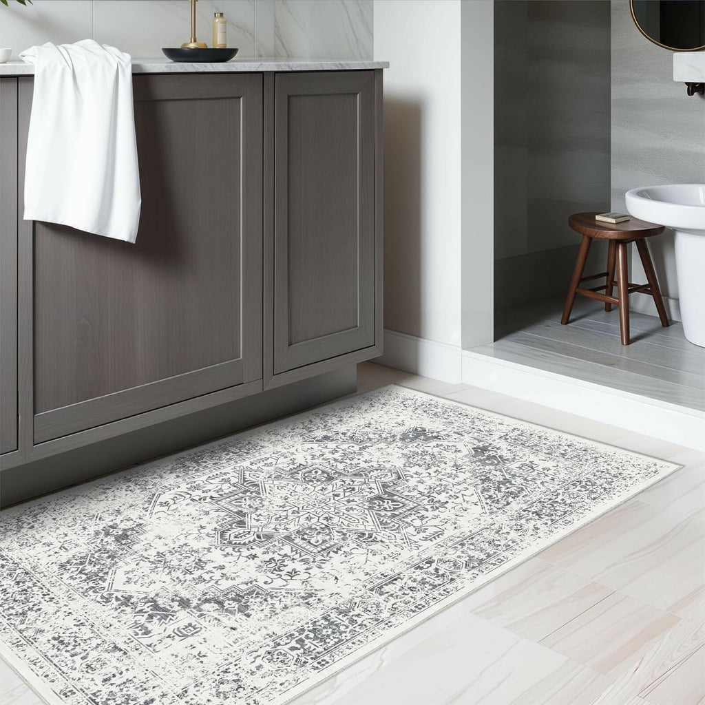 PureCozy 3x5 Taupe Vintage Floral Washable Low Pile Area Rug Classic