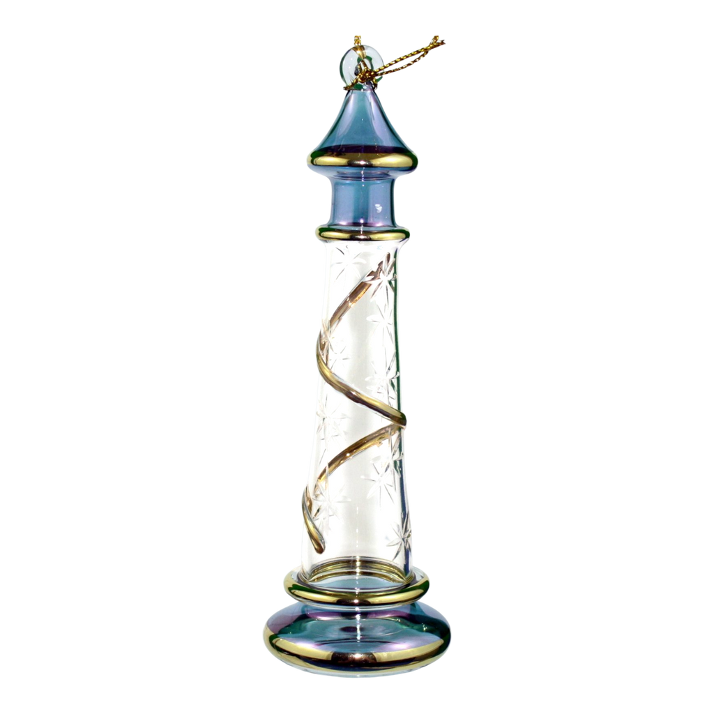 Glass Lighthouse Ornament With Gold Accent - Blue