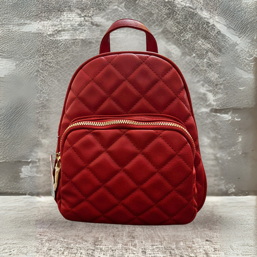 Red Quilted Leatherette Mini Backpack Purse