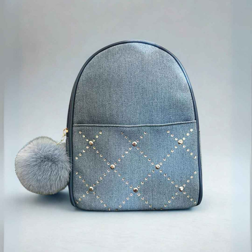 Denim Blue Rhinestone Studded Mini Backpack