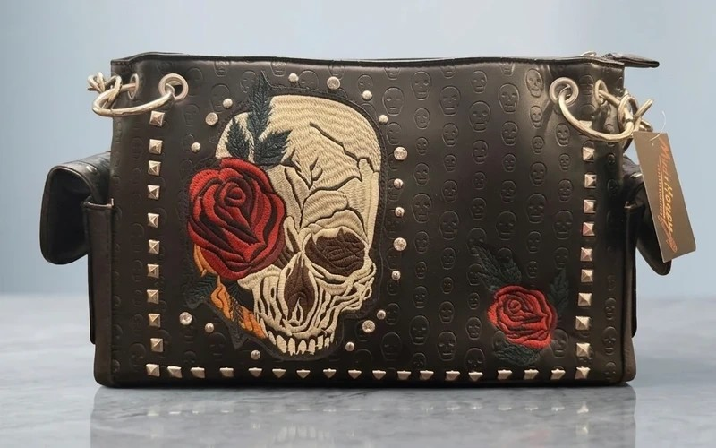 Skull Rose Embroidery Embossed Studded Shoulder Bag