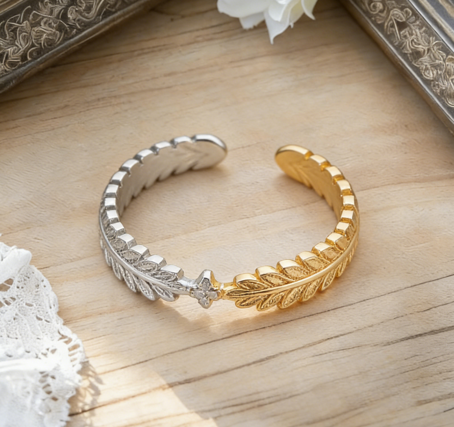 Light Luxury Copper Zircon Leaf Ring