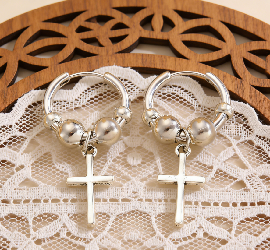 Cross Pendant & Beaded Hoop Earrings