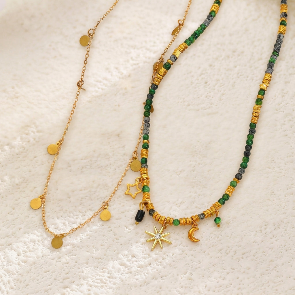 Vintage Beaded Stackable Necklace Boho Sunflower Moon Star Clavicle Chain Sweater Chain