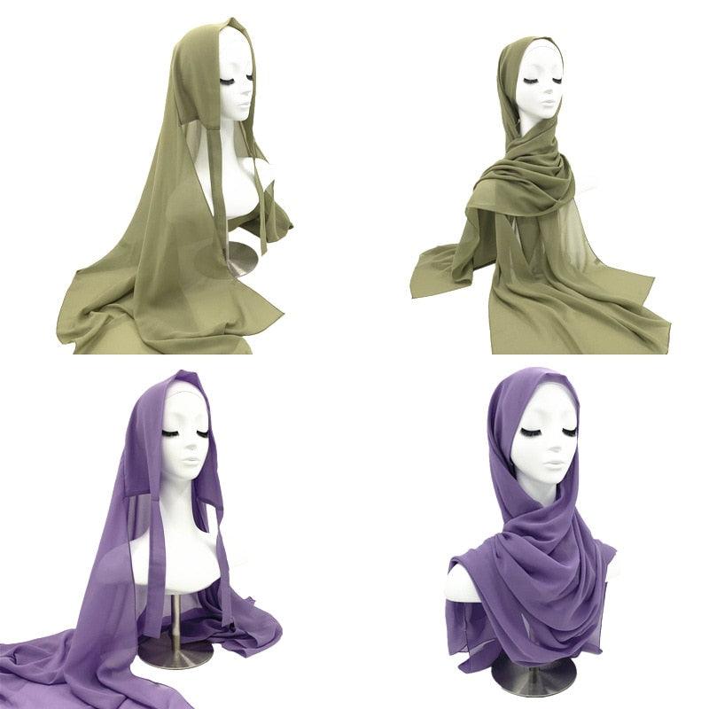 Plain Colorful Soft Lightweight Chiffon Elegant Hijab Scarf With Bandage Non-Slip Chiffon Echarpe Elegant Breathable Islam Long Hijabs Headband Fashion Turban Headwrap For Women