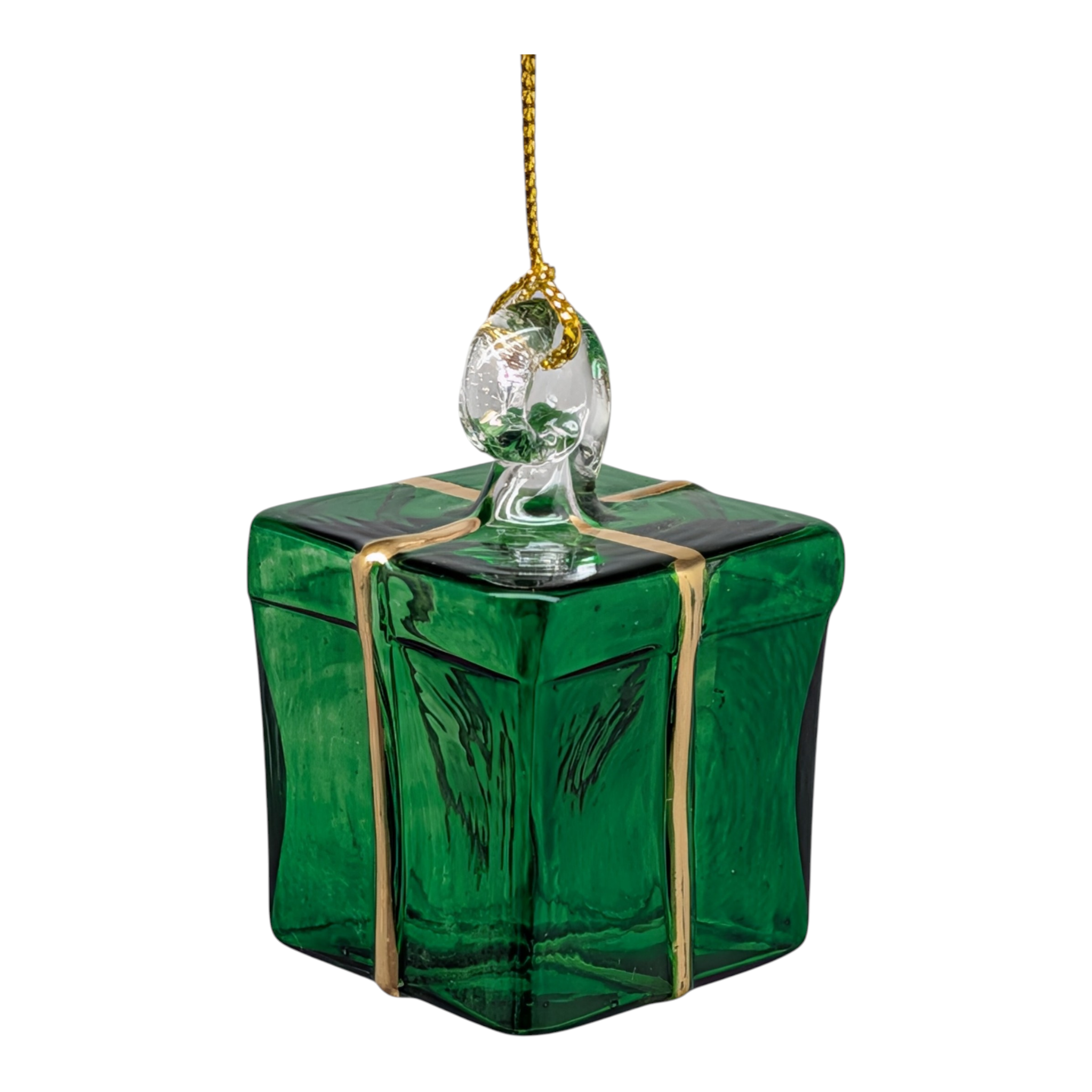 Blown Glass Present Ornament - Green